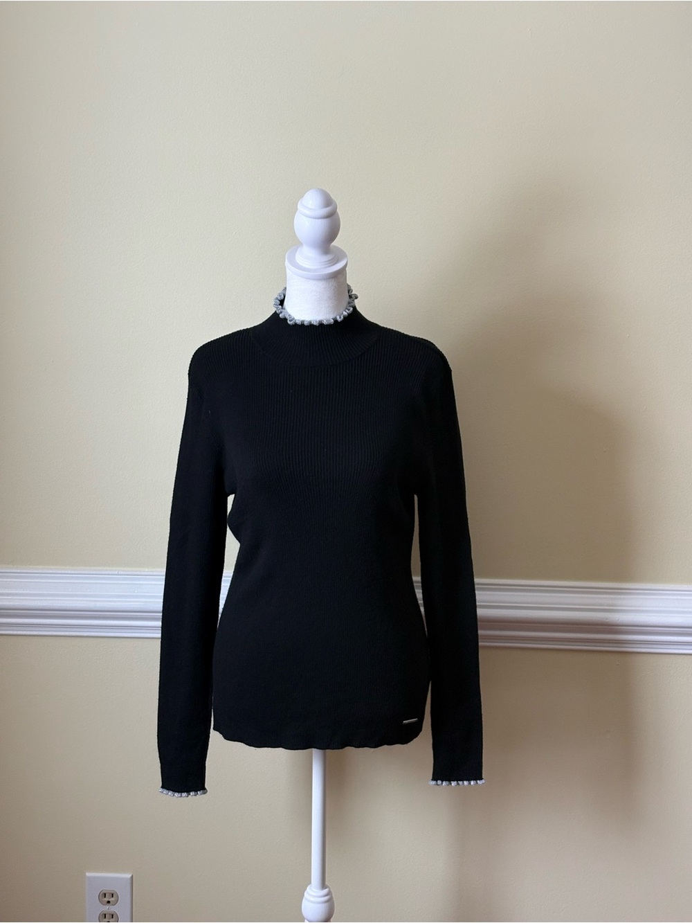 Anne Klein Black Long Sleeve Ribbed Mock Neck Top with Silver Trim